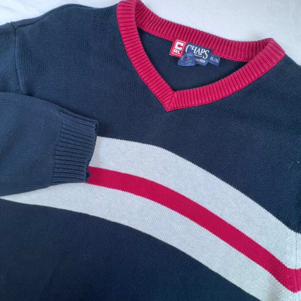 Chaps Ralph Lauren Sweater Mens XL Navy Blue Striped V-Neck Cotton Knit Pullover